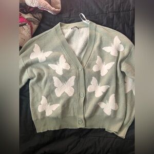 Butterfly Patterned Green Cardigan Sweater